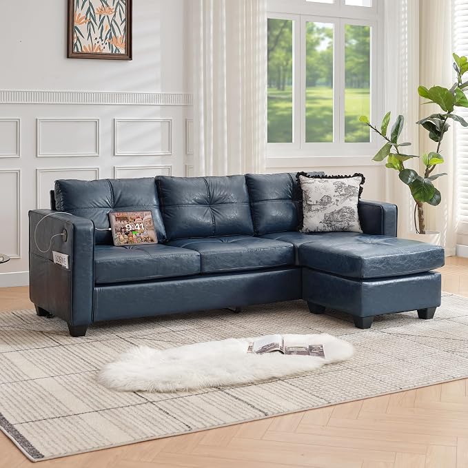 TYBOATLE 88" W Blue Faux Leather L Shaped Sectional Couches w/Side Pockets by TYBOATLE