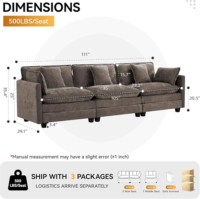 111'' Sectional Cloud Deep Seat Couch, Modern Comfy Chenille Modular Sectional - Image 2