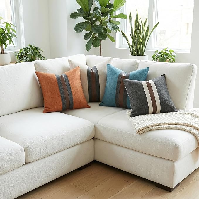 Set of 2 Leather Throw Pillow Covers Cotton Linen Decor Patchwork Pillow Cover - Image 5