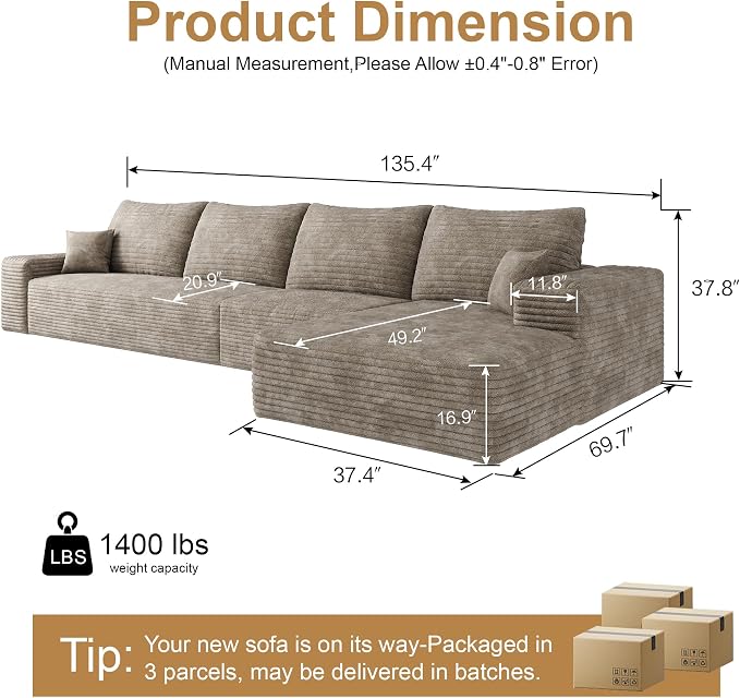 136" Sectional Couches for Living Room Cloud Couch Sofa - Image 2