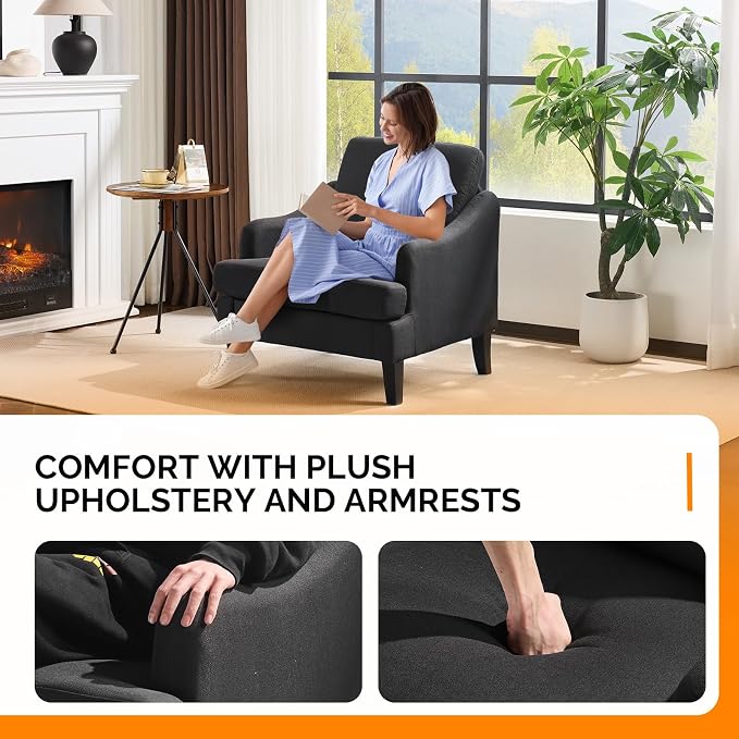 VINGLI Linen Fabric Accent Chair Black, Modern Upholstered Armchair, Comfy Sofa - Image 3