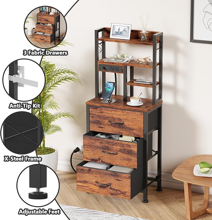 Furnulem Tall Night Stand with LED & USB Ports, 45.3inch Nightstand with Open - Image 4