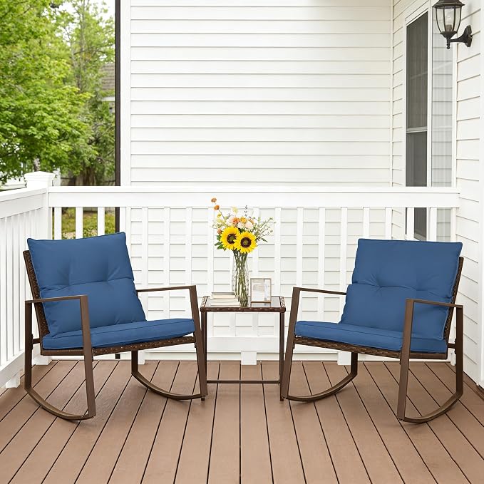 SUNCROWN 3 Piece Outdoor Rocking Bistro Set Brown Wicker Furniture Porch Chairs - Image 2