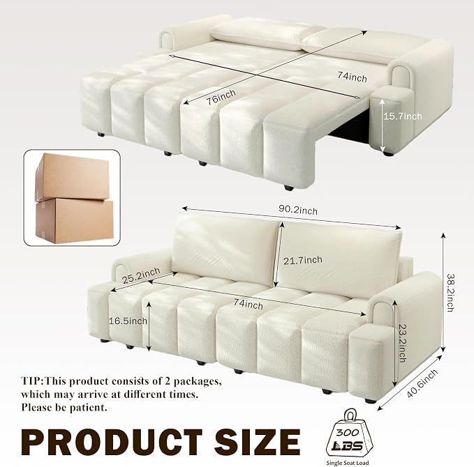 KEIKI 90.2" 4-Seater Modern Convertible Sofa Bed – Teddy Fabric Couch - Image 2
