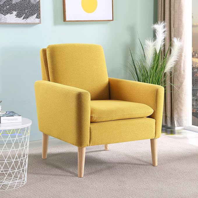Mid-Century Modern Accent Chair, Linen Fabric Upholstered Comfy Reading Leisure - Image 2