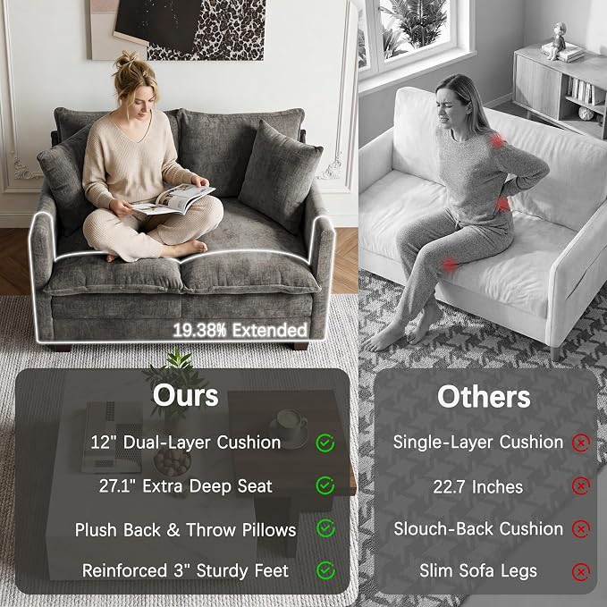 52'' Loveseat Sofa with Ottoman, Cloud Sofa Couch with 27" Deep Seat & 2 Pillows - Image 5