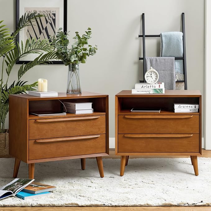 HULALA HOME End Table with Charging Station, Mid-Century Modern 2 Drawer and by HULALAHOME