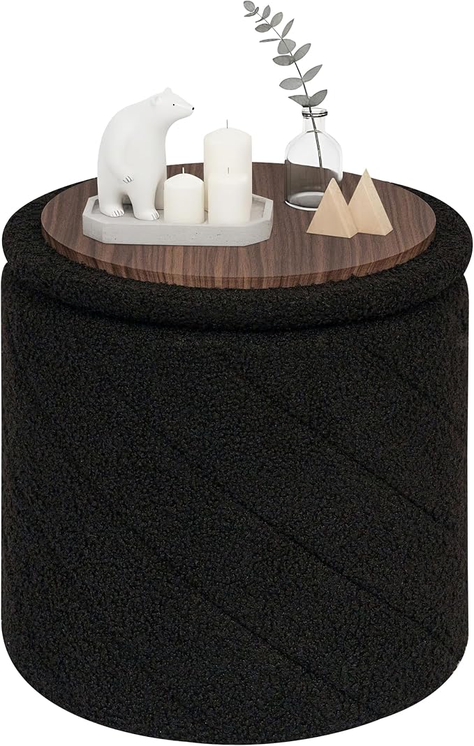 PINPLUS Ottoman with Stroage Round Boucle Ottoman and Tray Sherpa Removable by PINPLUS