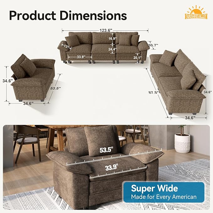 SUNSHINE VALLEY 3 Piece Living Room Sofa Furniture Set, Chenille Modular - Image 2