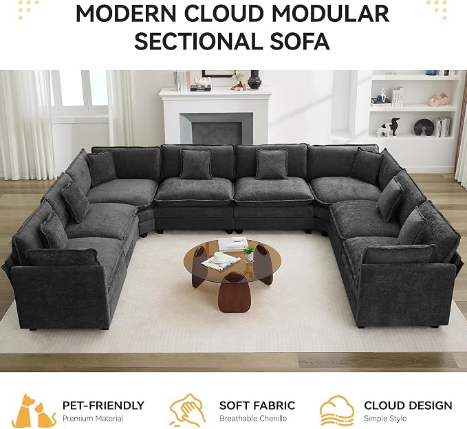 147'' Oversized U Shaped Cloud Sectional Sofa, Chenille Deep Seat Couches - Image 7