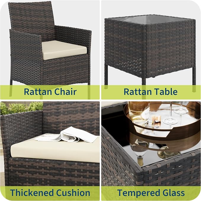 3-Piece Outdoor Furniture Set, PE Rattan Wicker Chairs - Image 6