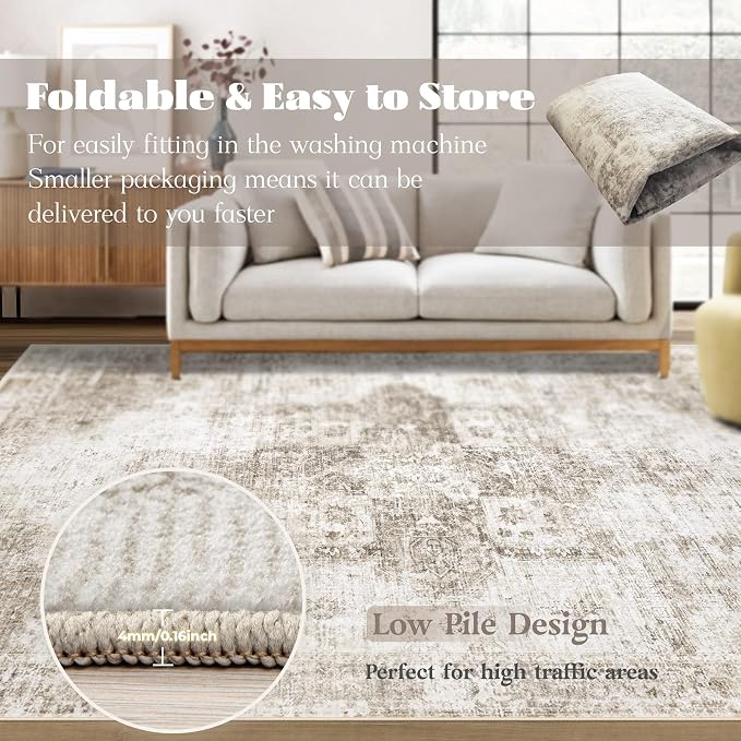 Area Rug 9x12 Washable Rug, Vintage Boho Medallion Rugs Non-Slip Soft Low Pile - Image 7