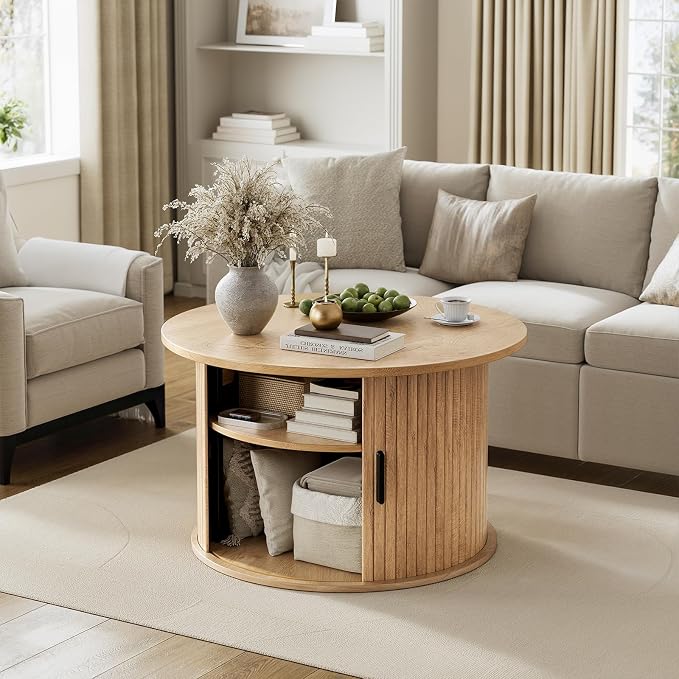FABATO Round Lift Top Coffee Table, Fluted Wood Accent Coffee Table - Image 3