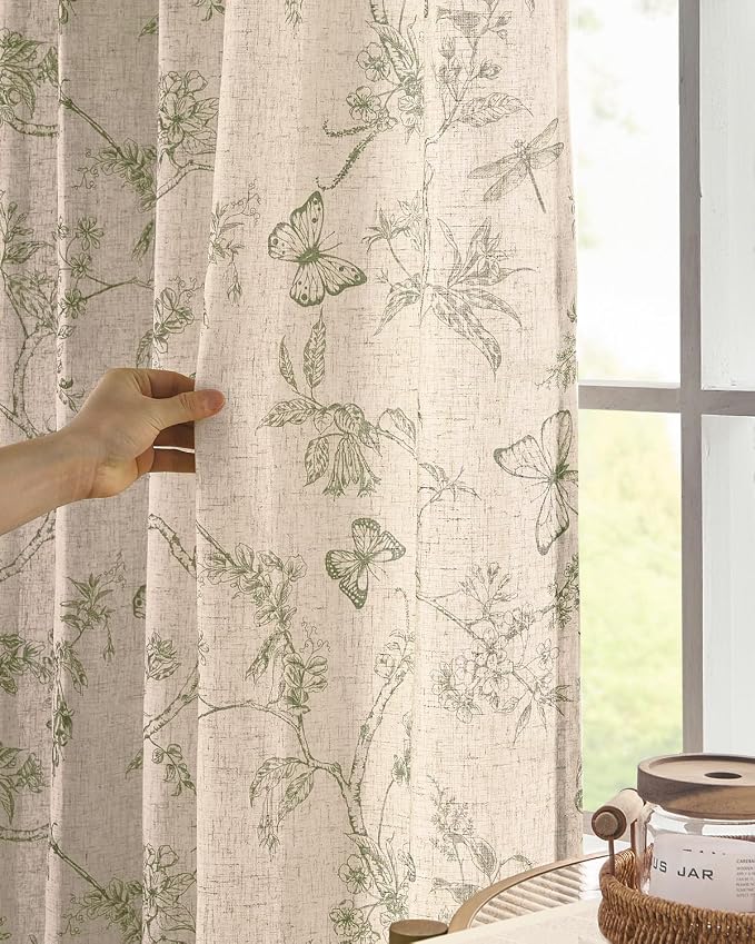 jinchan Floral Linen Curtains for Living Room 84 Inch Length Butterfly Curtain - Image 3