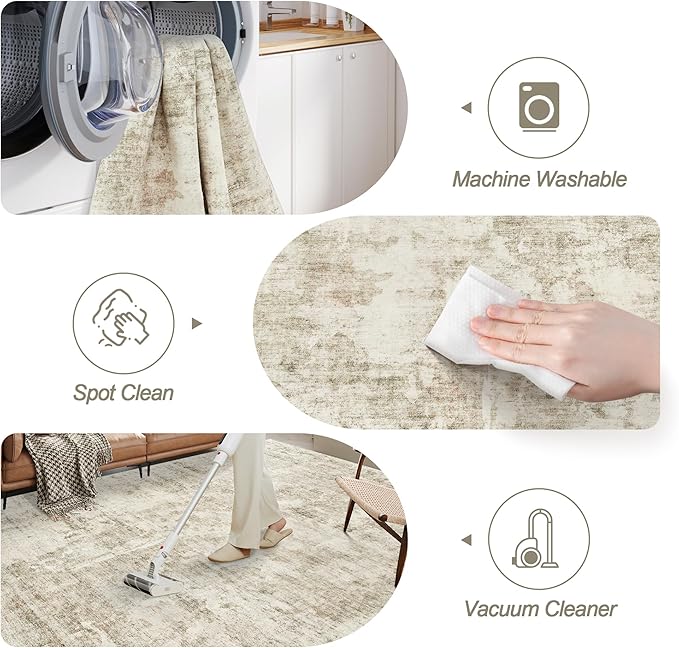 Soalmost Abstract Rug 5x7 Machine Washable Area Indoor Beige Gray White Low - Image 6