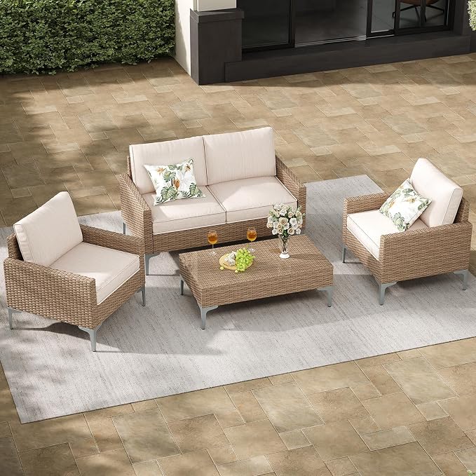Jing's Villa 4-Piece Outdoor Sectional Sofa Set, All-Weather Wicker Patio by JingsVillaOutdoorFurniture