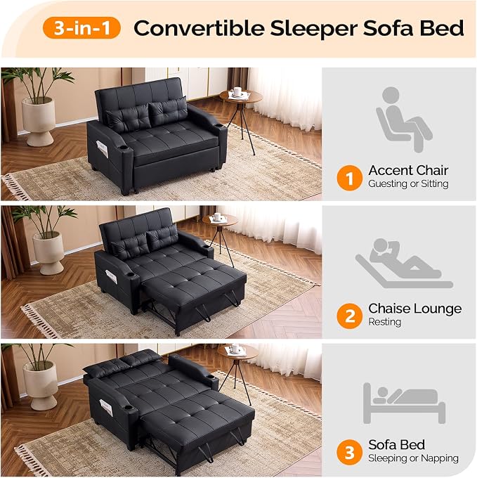 VINGLI Black Futon Sofa Bed Convertible Loveseat Sleeper Couch, Faux Leather - Image 4