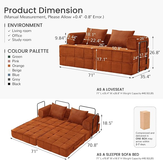 Korser Folding Convertible Sofa Bed, Corduroy Upholstered Boneless Couch - Image 2