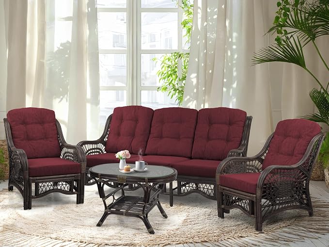 Malibu Lounge Set of 4: 2 Natural Rattan Wicker Chairs, Three-Seater Sofa by Wickerix
