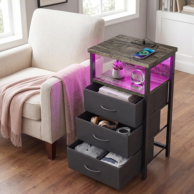 Fixwal Night Stand with Charging Station, LED Nightstand with U-S-B Ports and - Image 6