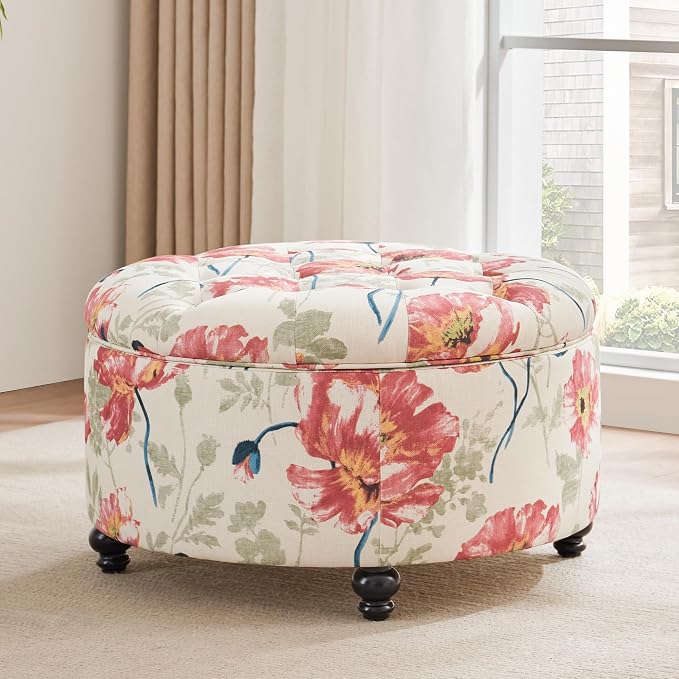 HUIMO 30-Inch Round Storage Ottoman, Modern Button Tufted Ottoman Coffee Table - Image 6