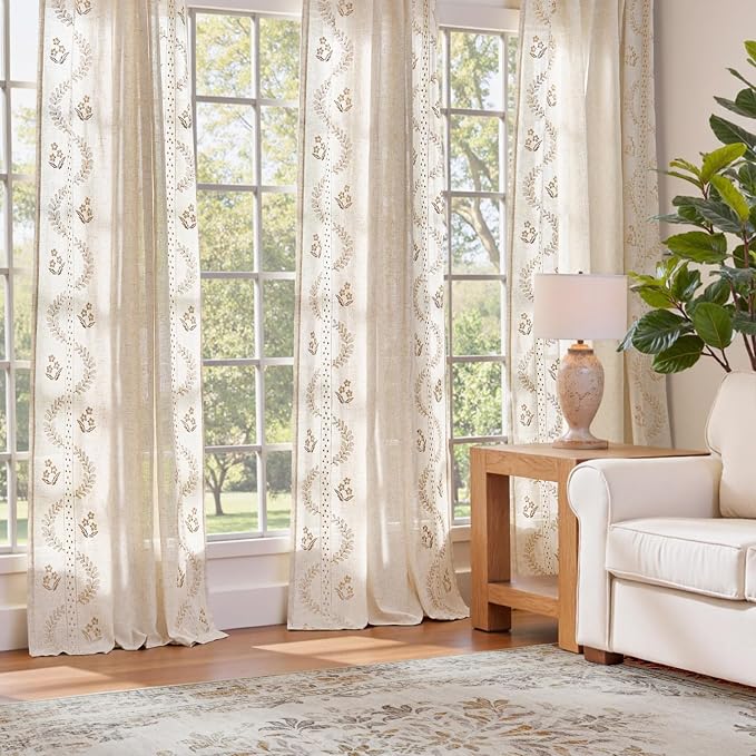 jinchan Belrose Linen Curtains for Bedroom Floral Curtains 90 Inch Length Linen - Image 3