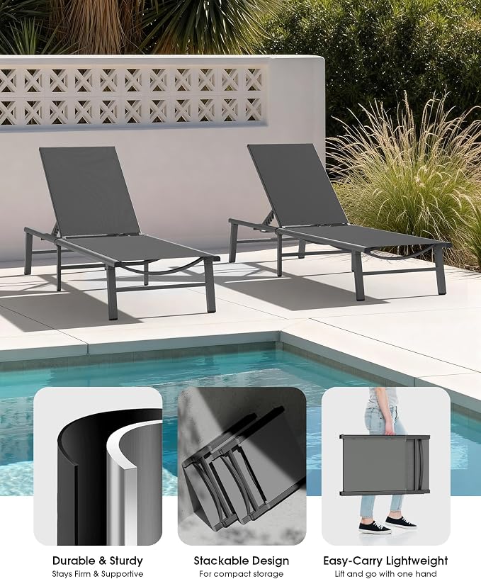 Ciokea Foldable Outdoor Lounge Chair Set of 2, No Assembly Aluminum Chaise - Image 5