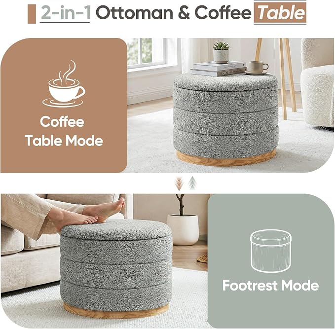 Round Storage Ottoman with Tray Lid, Folding Chenille Fabric Footrest with - Image 5