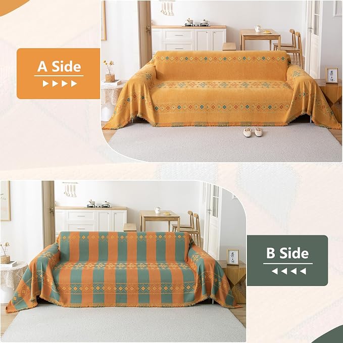 DREAMINGO Orange Boho Sofa Cover Chenille Couch Cover Blanket Vintage Bohemian - Image 2