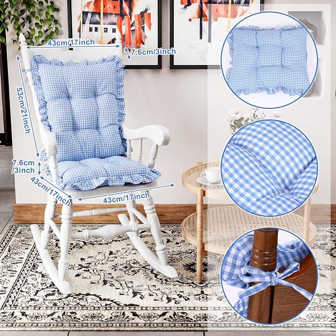 Lewtemi 2 Set Blue Gingham Rocking Chair Cushion Village Ruffled Rocking Chair - Image 2