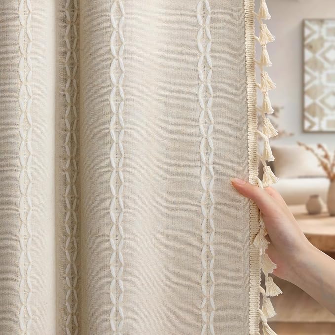 Boho Blackout Curtains 63 Inches Long Beige Linen Blend 2 Panels - Image 2