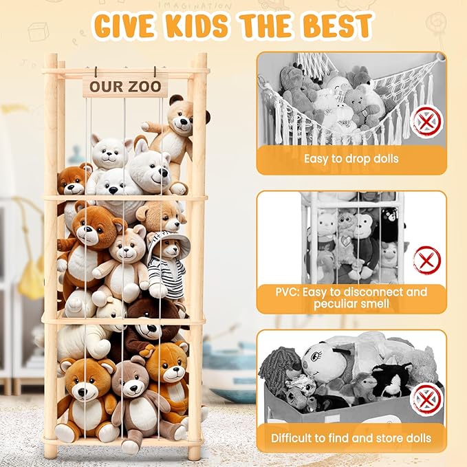 Woodure Stuffed Animal Storage & Organizer, Wooden Cute Zoo Toy Holder - Image 3