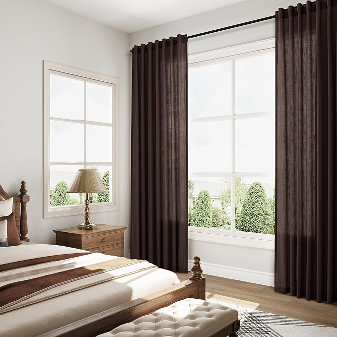 Coffee Brown Curtains 108 Inches Long 2 Panels Set Back Tab Linen Drapes - Image 7