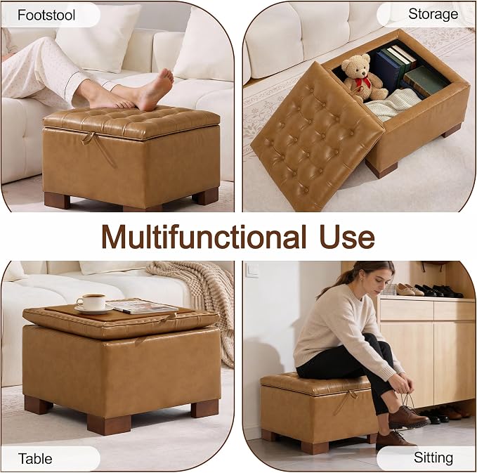 WUTUTUEE 24" Faux Leather Square Storage Ottoman - Image 6