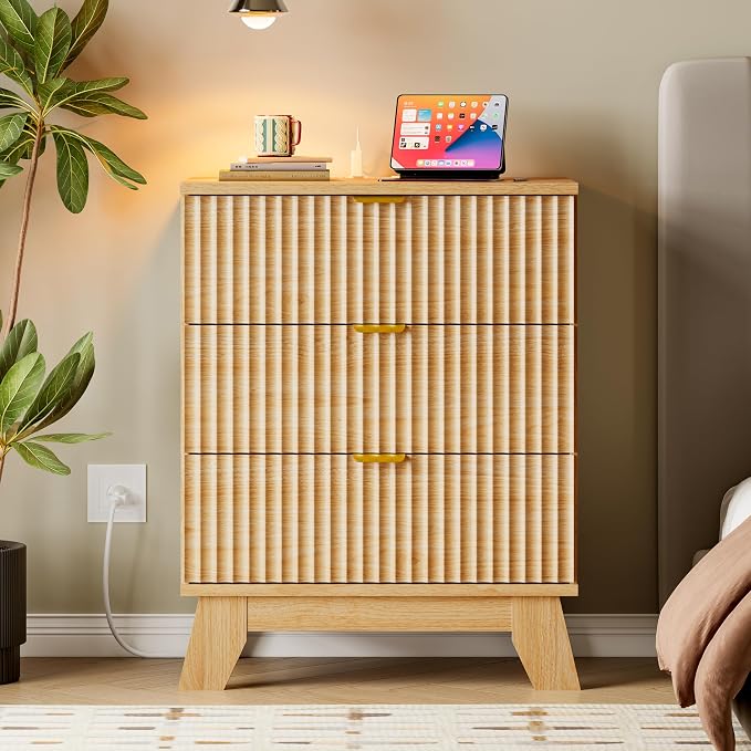 BORNOON 30.5" Nightstand with Charging Station, 3-Drawer Fluted Bedroom Chest - Image 7