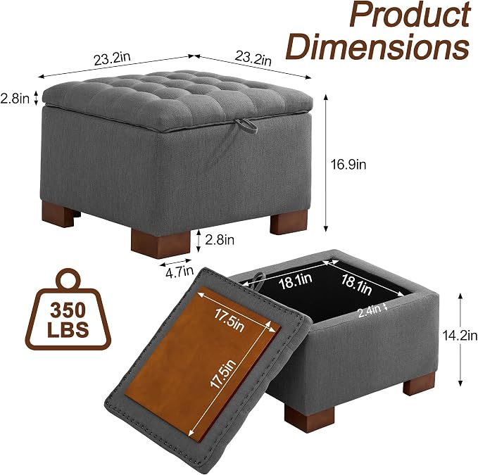 WUTUTUEE 24" Fabric Square Storage Ottoman - Image 2