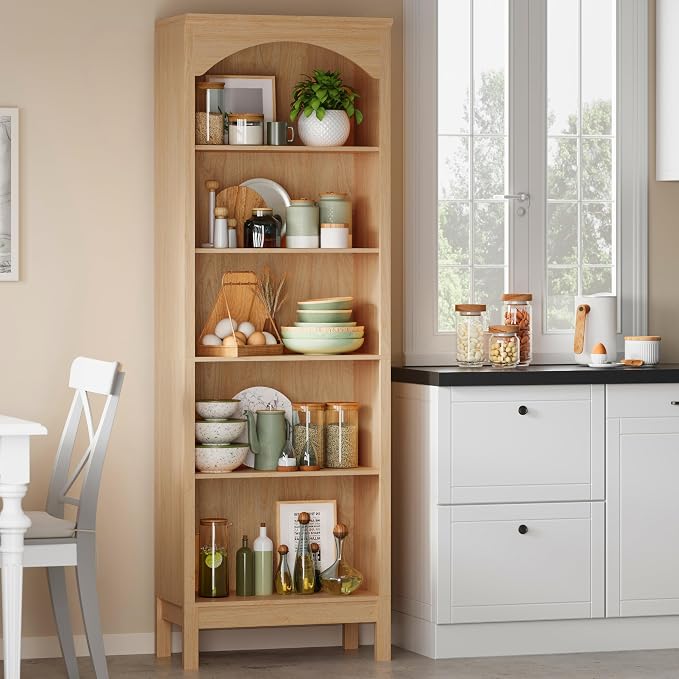 Arched Set of 2 Bookshelf with 5 Tier Open Shelves, Living Room, Natural Oak - Image 7
