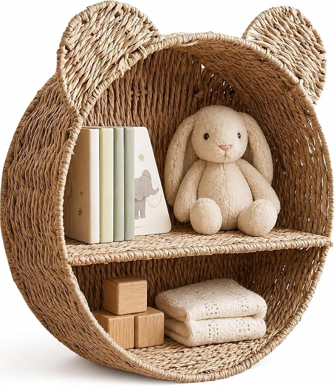 Woven Wall Basket Shelf Bear Nursery Decor — Boho Handwoven Hanging Wall Decor by Rattanzenith