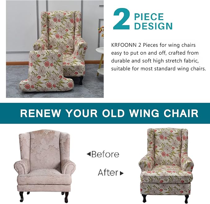KRFOONN Wingback Chair Covers Slipcovers 2 Piece Stretch Wing Chair Covers - Image 4