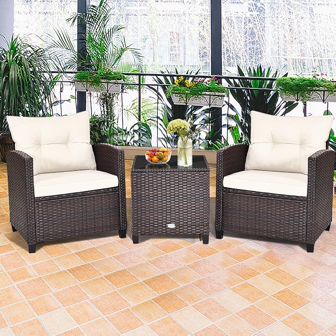 COSTWAY 3PCS Patio Furniture Set, PE Rattan Wicker Sofa w/Washable Cushion and - Image 5