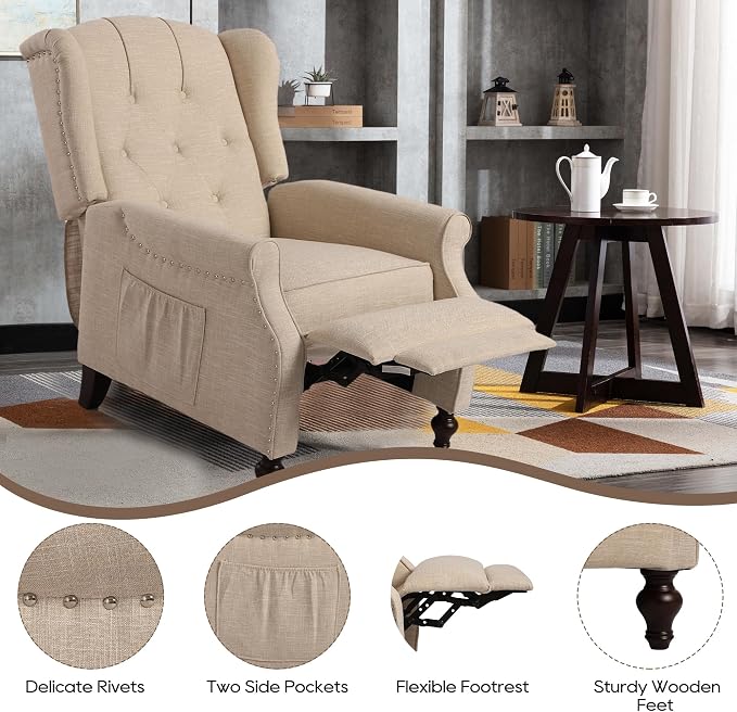Wingback Chair with Massage and Heat, Tufted Fabric Pushback Recliner Chair - Image 7