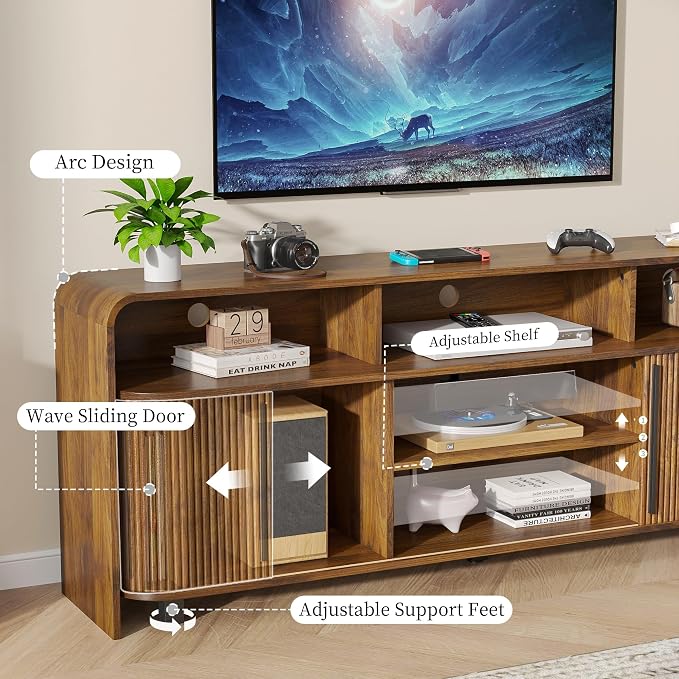 Fluted TV Stand for 75 65 80 Inch TV, 70 Inch Long Walnut Entertainment Center - Image 6