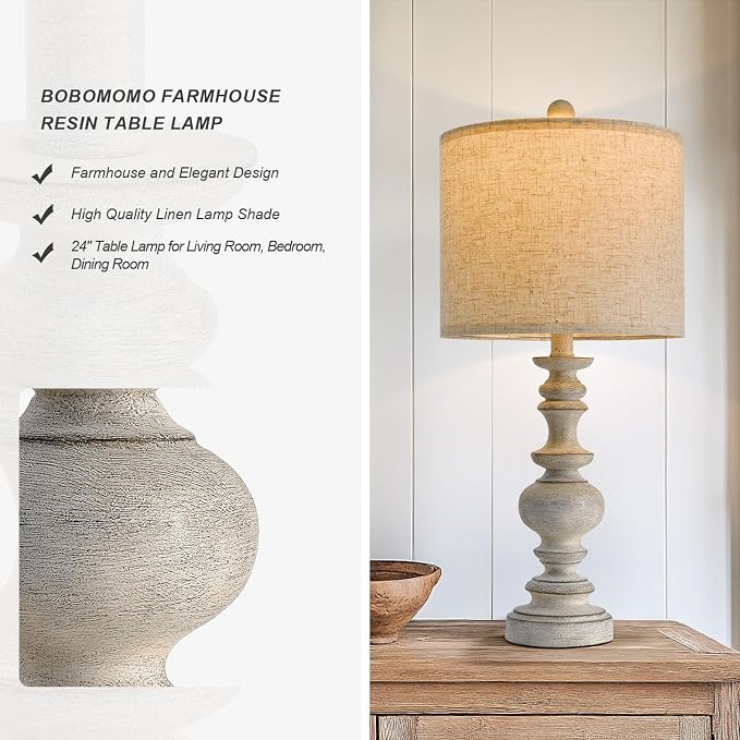 BOBOMOMO 24" Farmhouse Retro Table Lamp Set of 2, Traditional Resin Lamps - Image 6