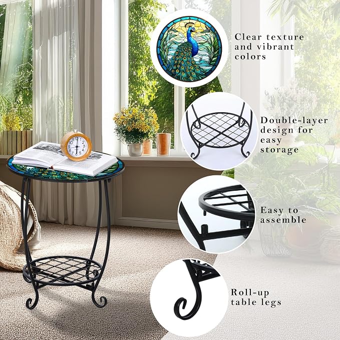 Cinnvoice Outdoor Side Table Round Small Mosaic Patio Accent Indoor End Plant - Image 5