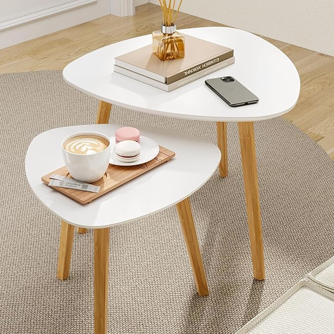 BAMEOS Bamboo Nesting Triangle End Table, Balcony in White - Image 2