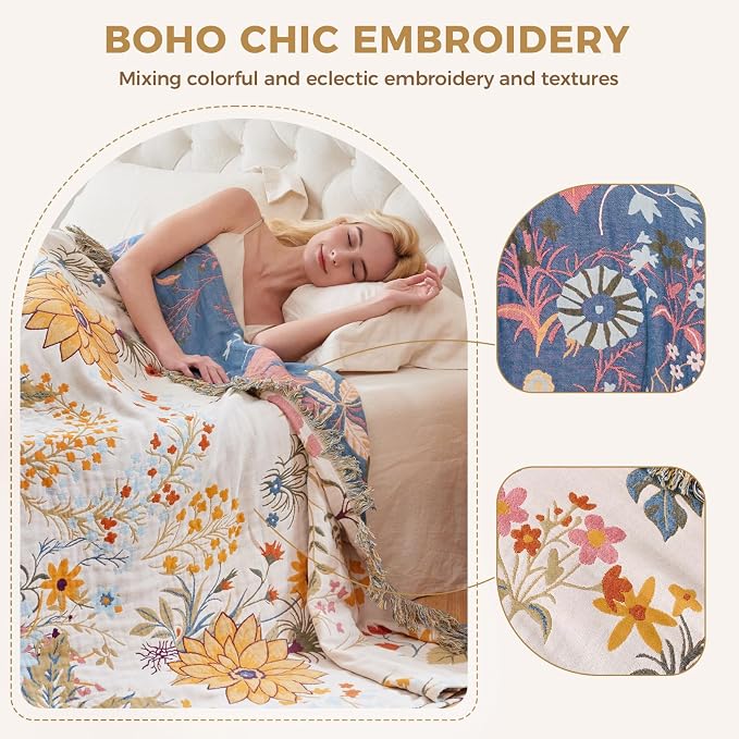 LUTBM Boho Throw Blanket for Bed Cotton Summer Blankets Twin Size for Bedroom - Image 3