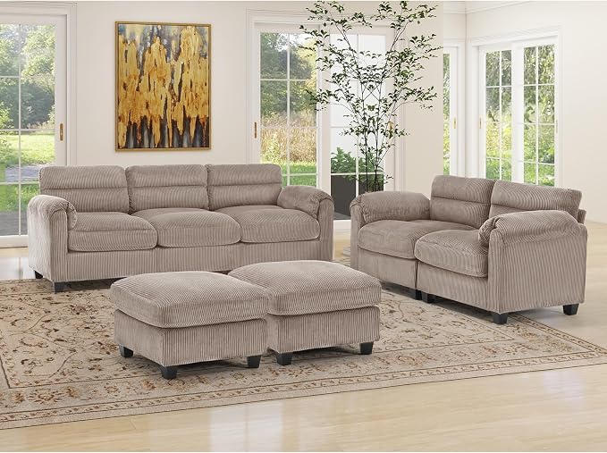HAOMARKETS Corduroy 4-Piece Sofa Set, Upholstered Ottoman Set of 2, Loveseat by HAOMARKETS
