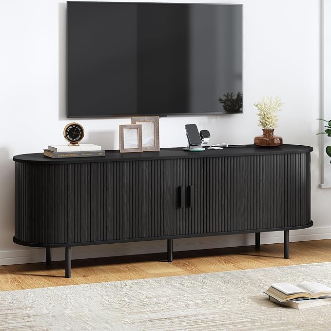 63" TV Stand with Power Outlet, Modern Media Console with Sliding Doors by ComfyCorner