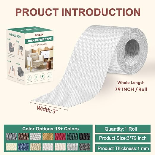 Besezx Linen Fabric Repair Tape, 3x79 Inch Self Adhesive Repair Patches - Image 2