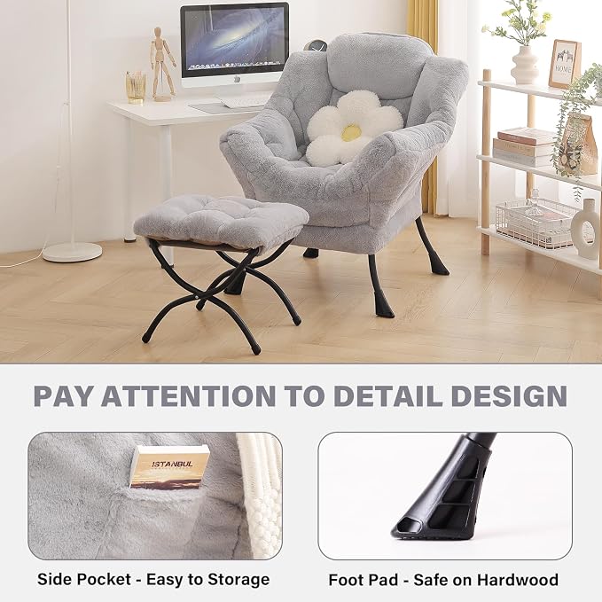 Tiita Lazy Chair with Ottoman, Light Grey Modern Large Accent Armchair - Image 5